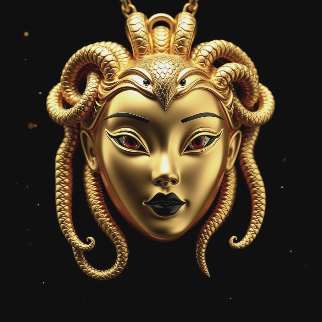 Asian Goddess Gold Pendant with Medusa Hair in Intricate Det...