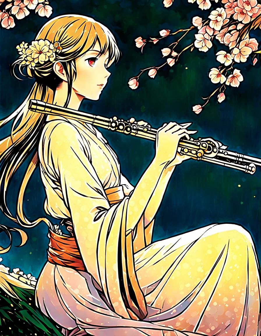 Anime Girl Playing Flute in Art Nouveau Style