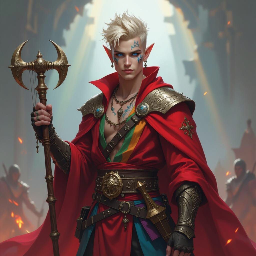 Androgynous Elf Warrior in Red Robe with Mace and Lyre