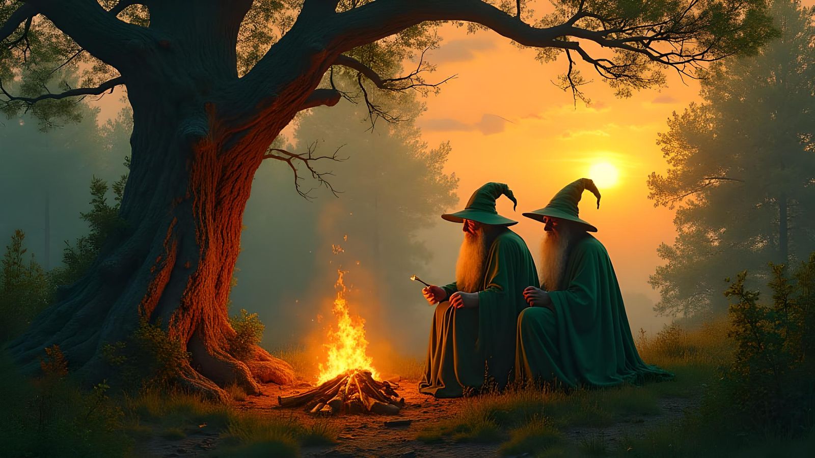 Wizards by Campfire in Swedish Forest, 1850s Style
