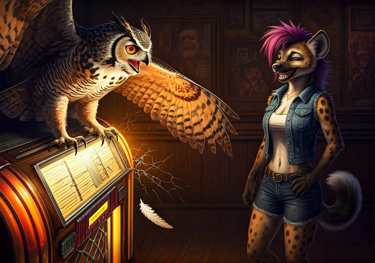 Owl Lands on Jukebox in Dimly Lit Bar