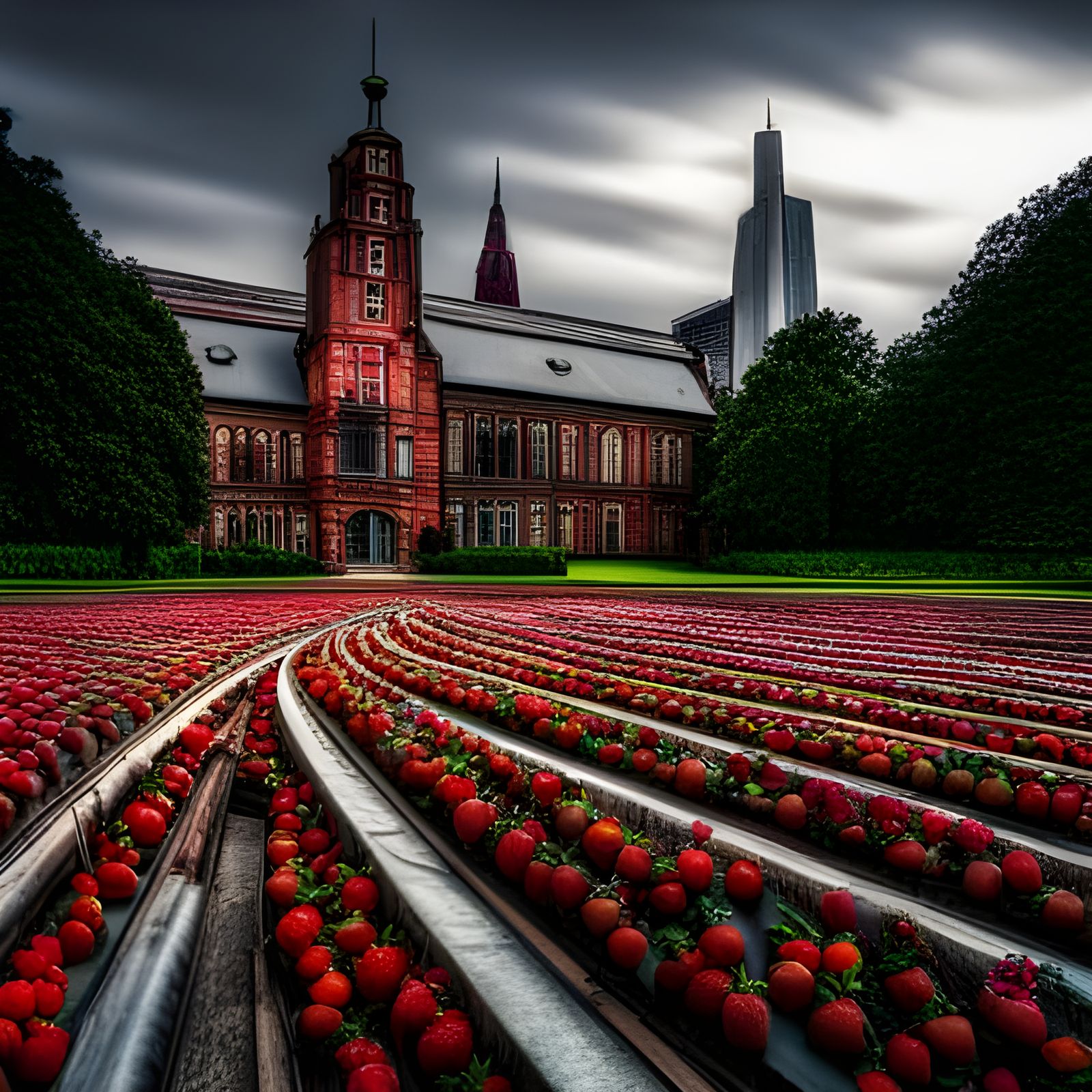 Hyperrealistic Strawberry Field in Cinematic Style