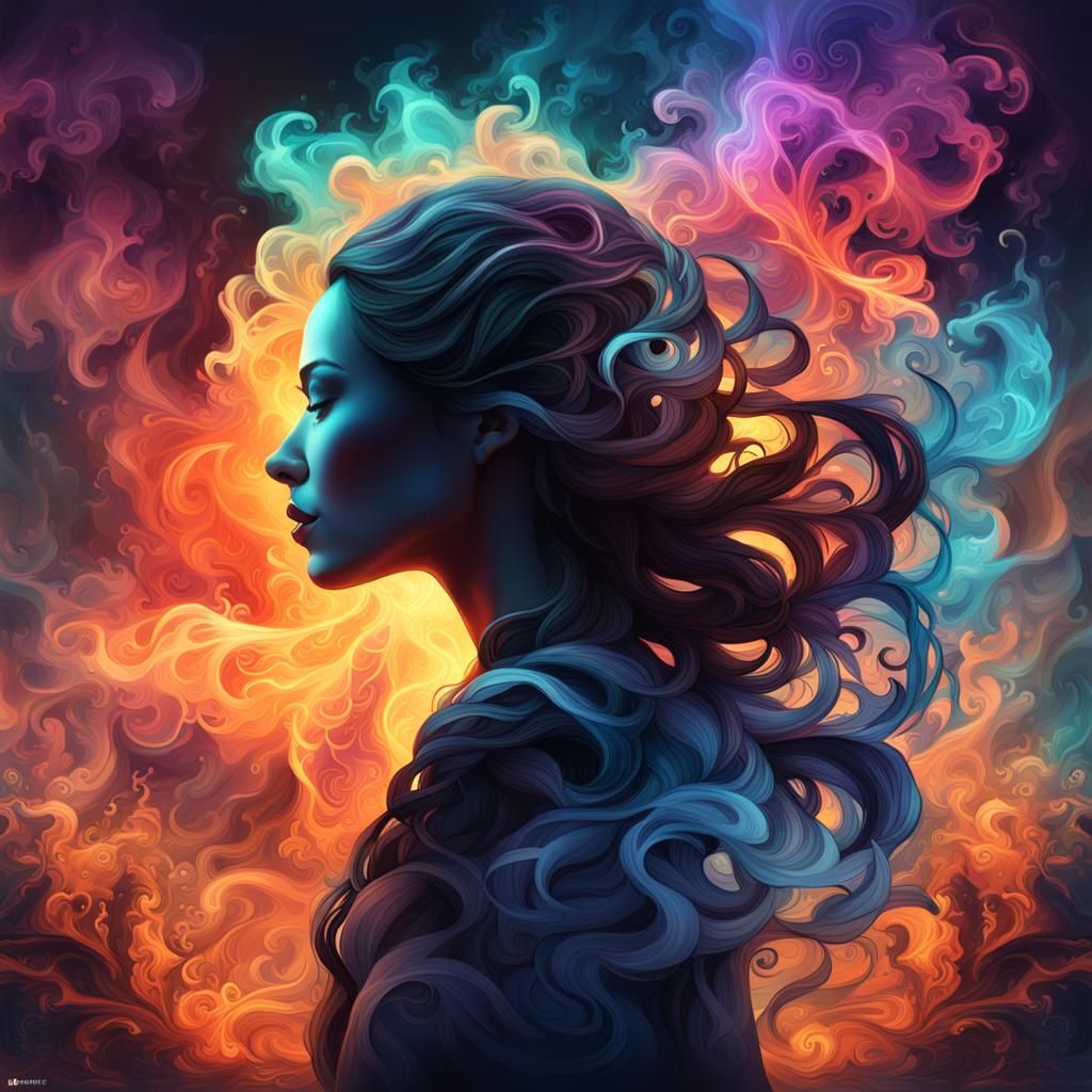 Dreamlike Woman Silhouette in Colorful Smoke Arabesques