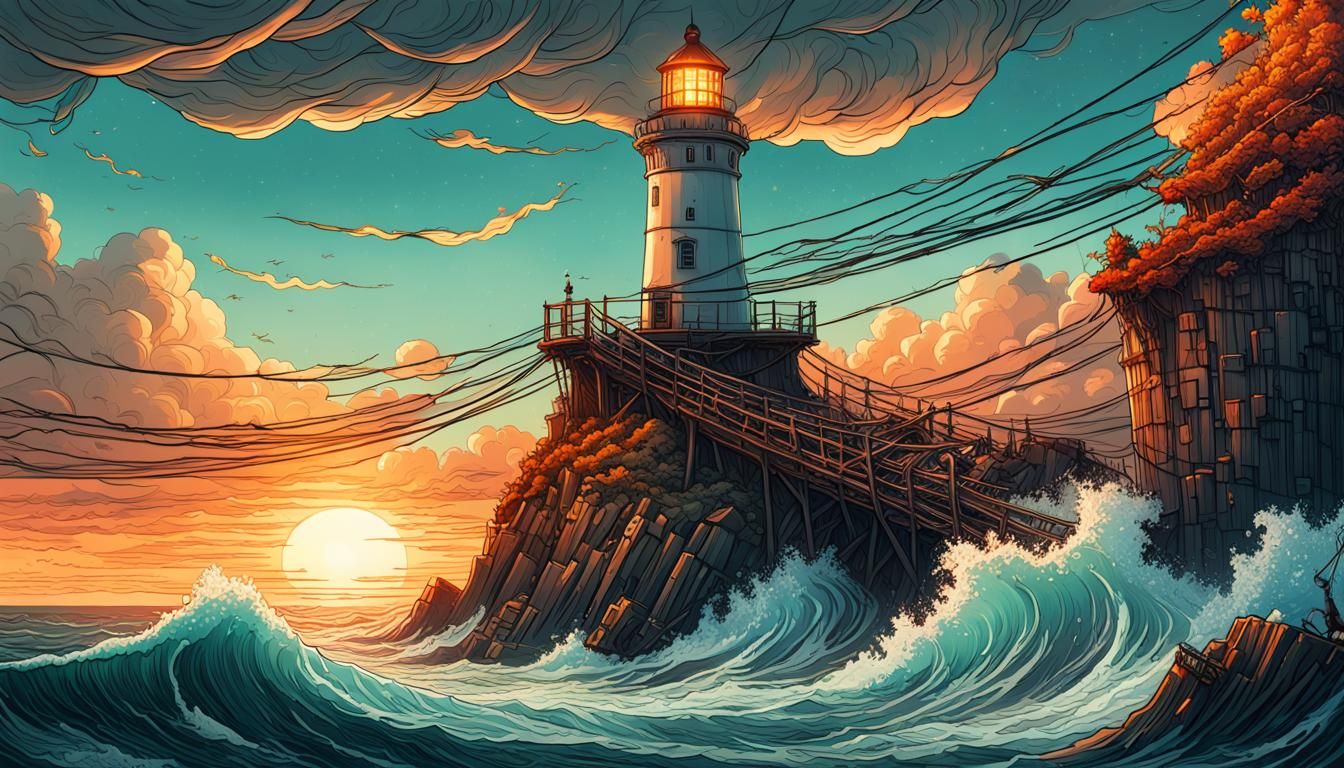Leaning Lighthouse Held by Cables: Digital Landscape Art