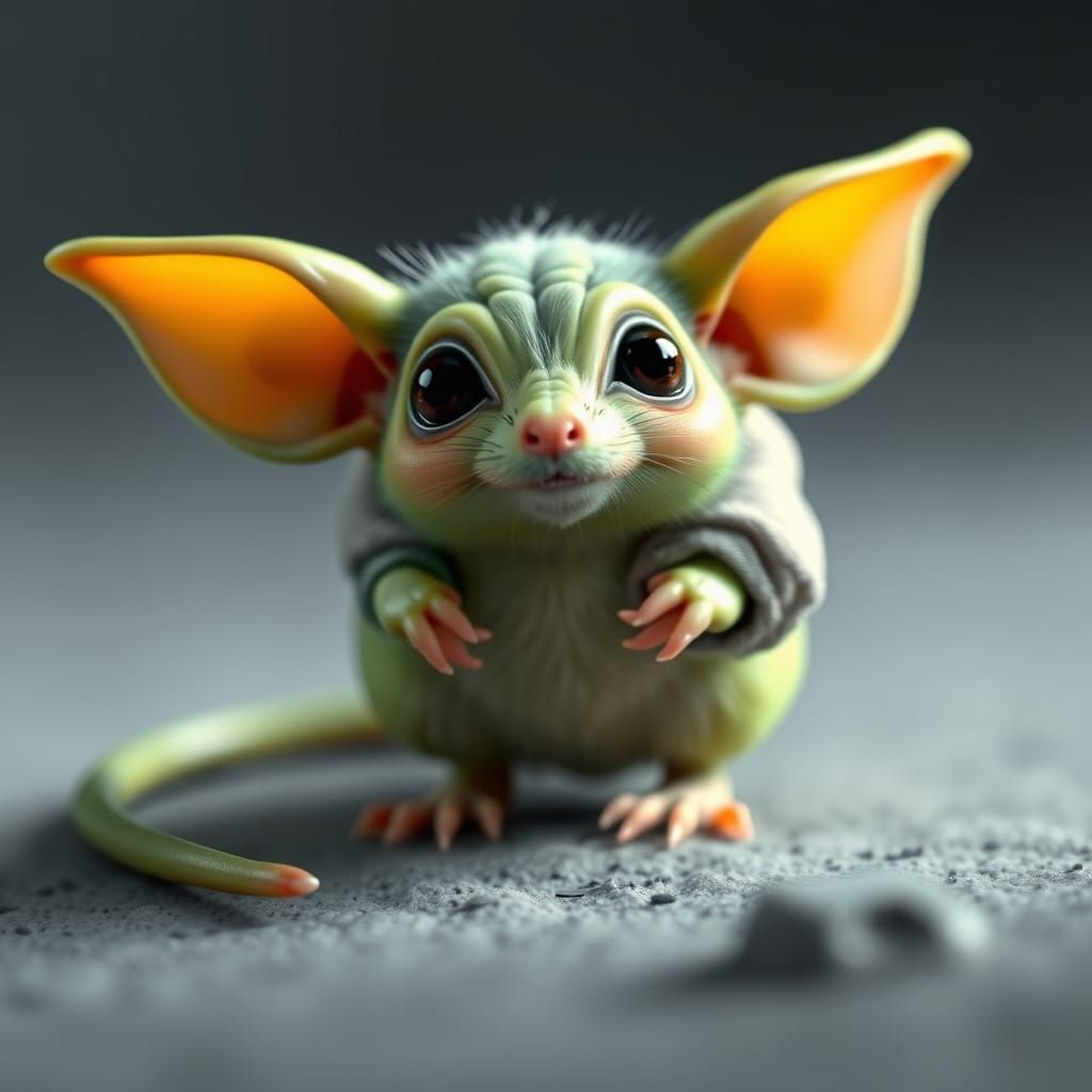 A mouse fused with Yoda. The mouse is green with Yoda ears.