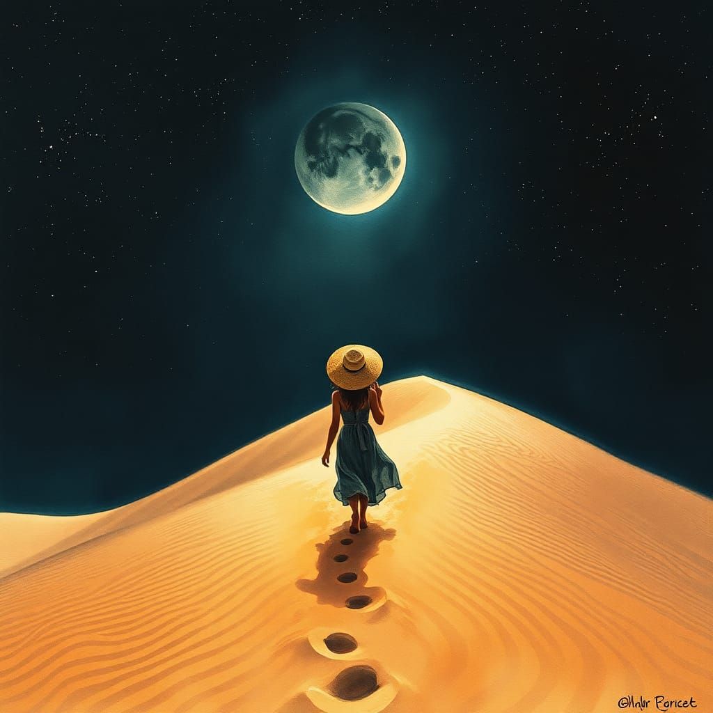 Woman Walks Towards Moonlit Dune in Watercolor Style