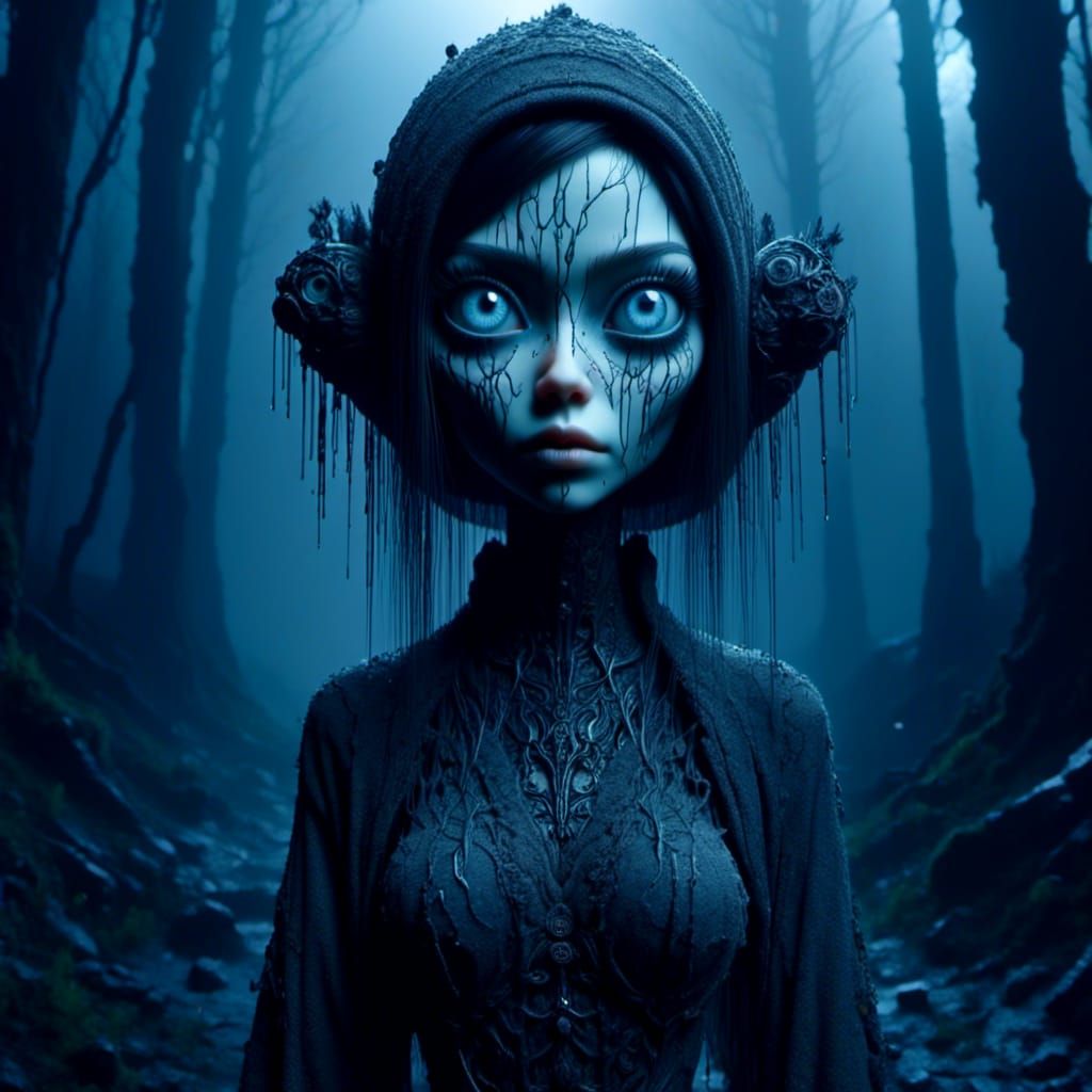 Android with Glowing Eyes in Rainy Forest