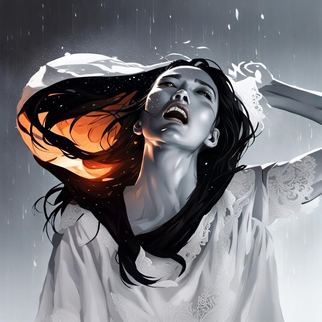 Woman in Rainstorm Cross-Hatching Drawing