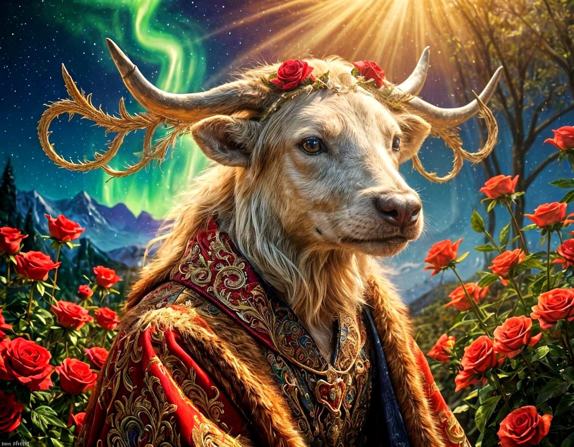 Surrealist Portrait of Adorable Red Bull in Whimsical, Art N...