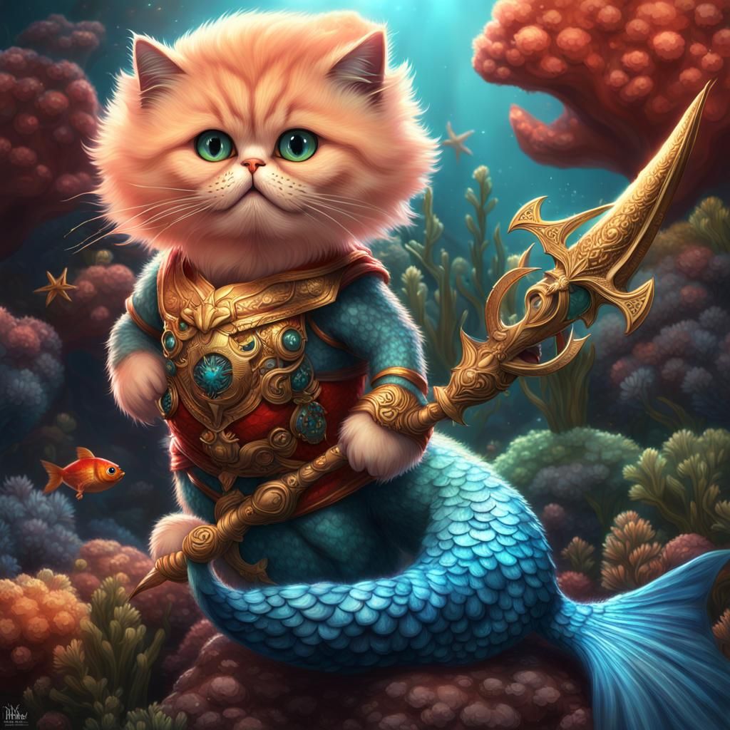 Persian Cat Boy Mermaid with Trident, Digital Art