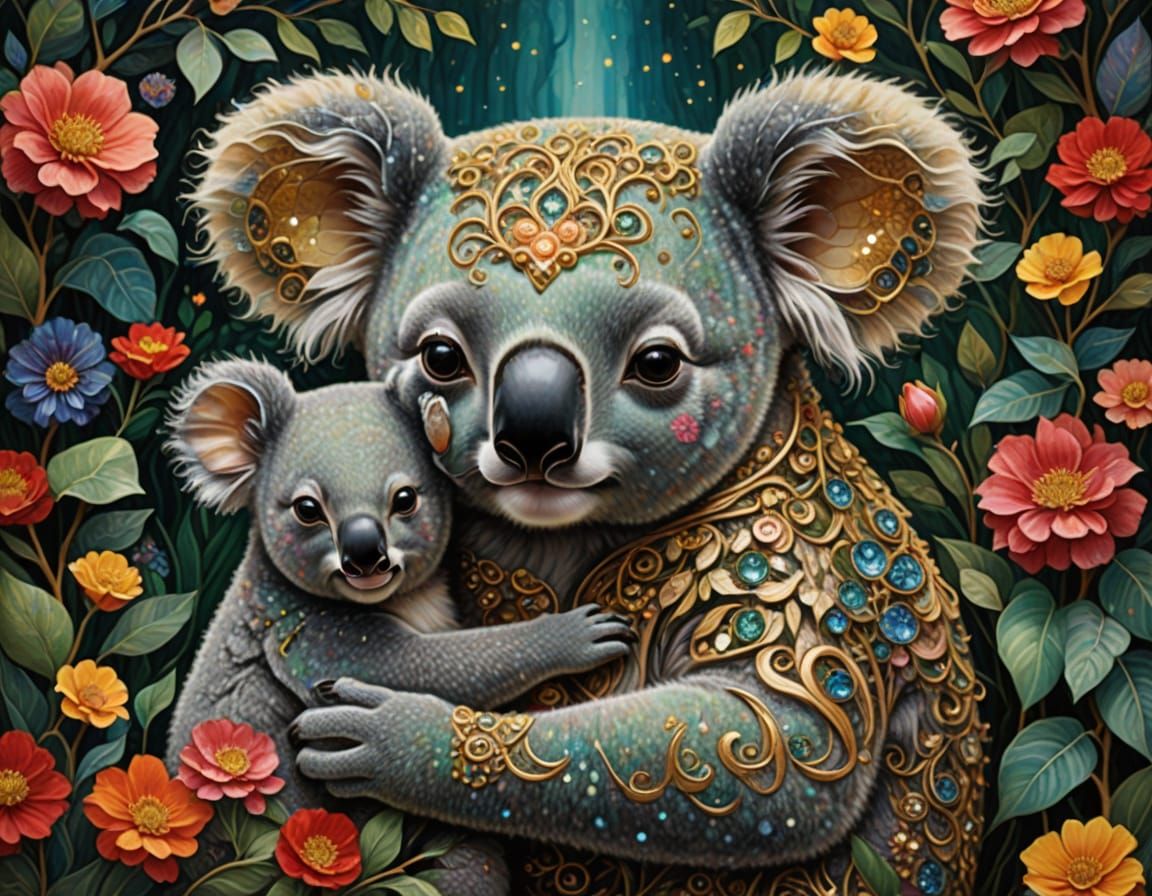 Vibrant Koala Couple in Whimsical Chinese Brush Stroke Paint...