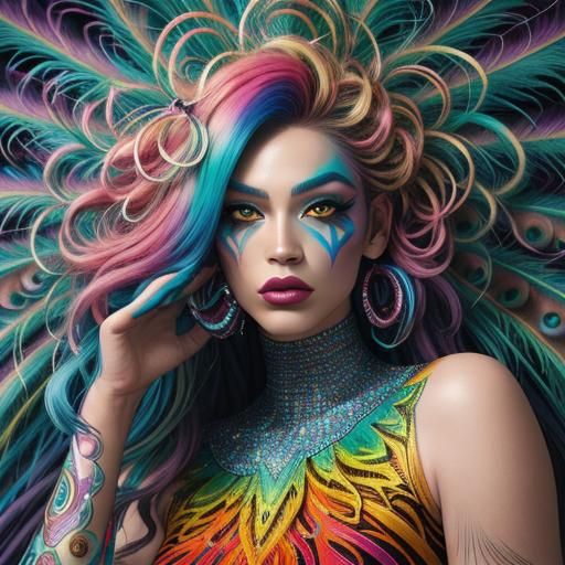 Rainbow Woman with Peacock Feathers, Comic Book Art