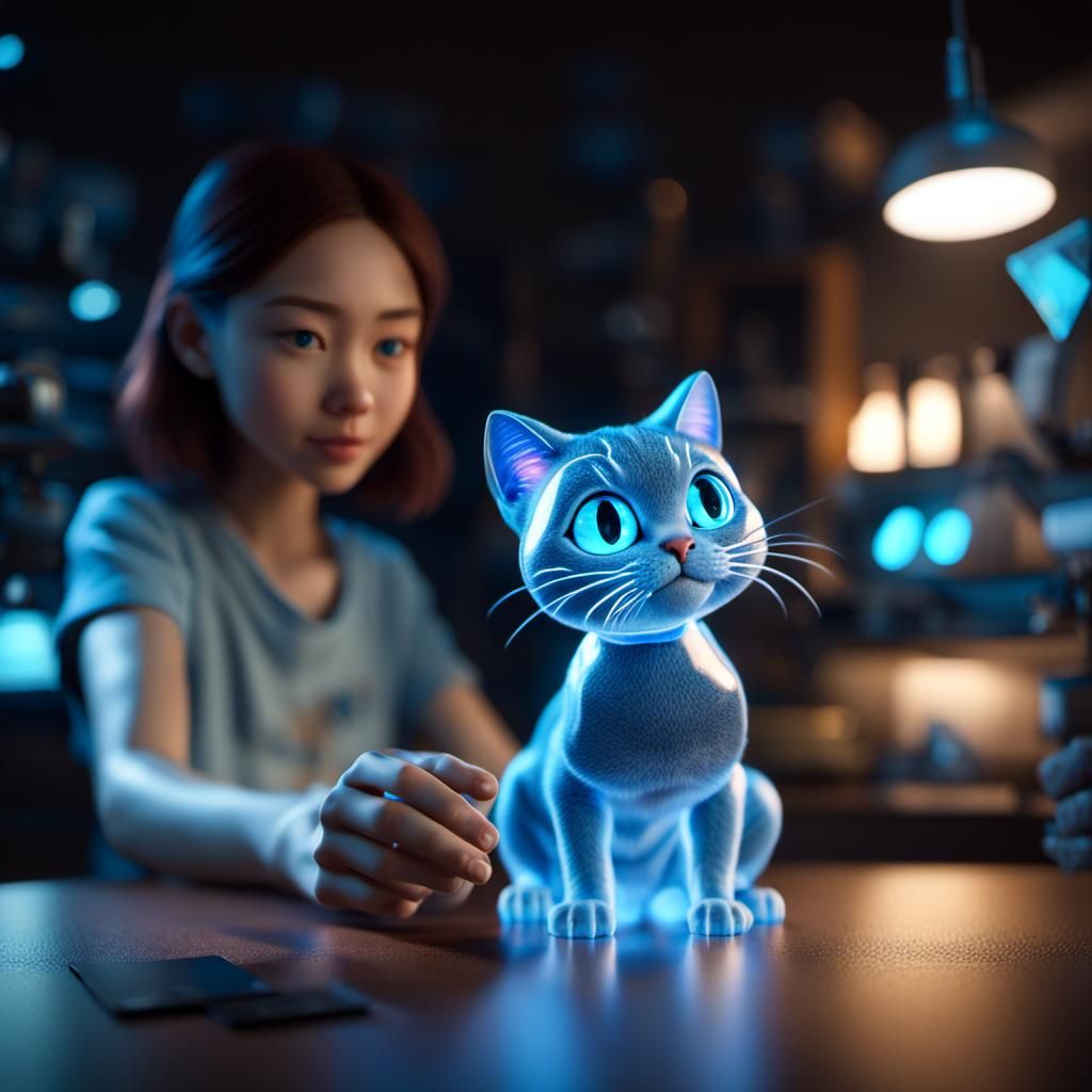 Girl with Holographic Cat in Dreamscape Style