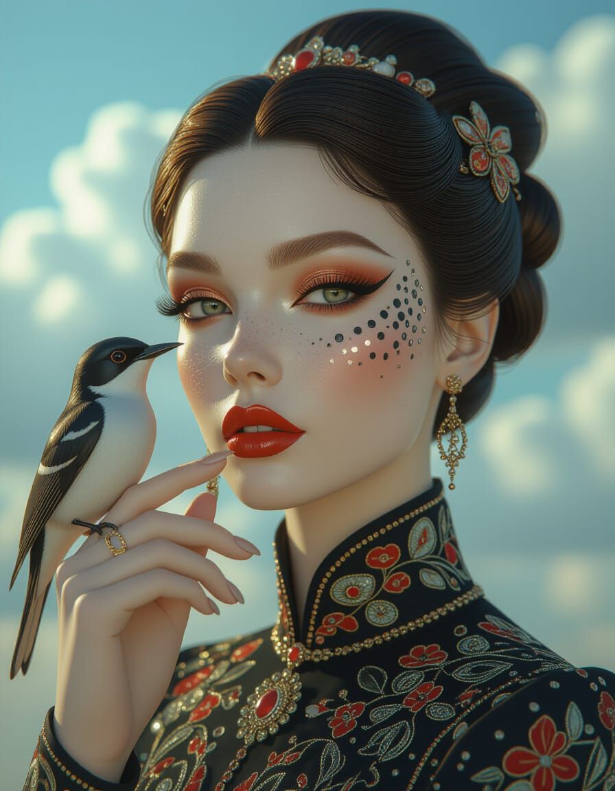 Futuristic Mosaic Portrait with Bird and Dramatic Sky