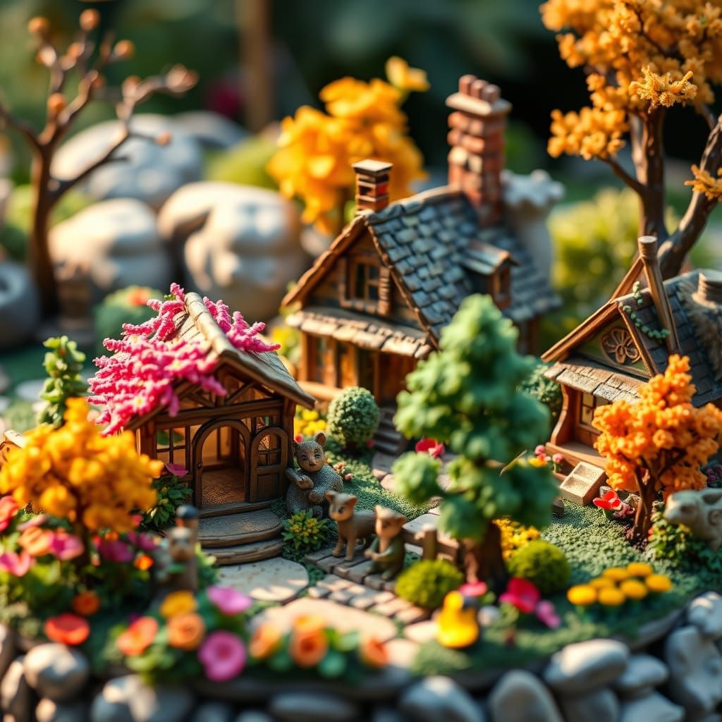 Whimsical Miniature World with Tiny Zoo and Vibrant Flowers