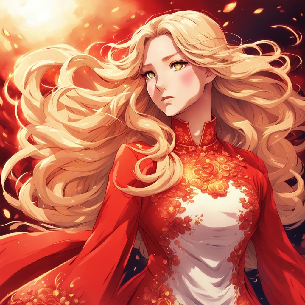 Anime Portrait of Gorgeous Curvy Woman in Fiery Dress