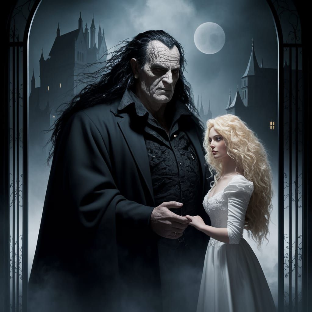 Dark Lord and Beautiful Woman in Foggy Castle Courtyard