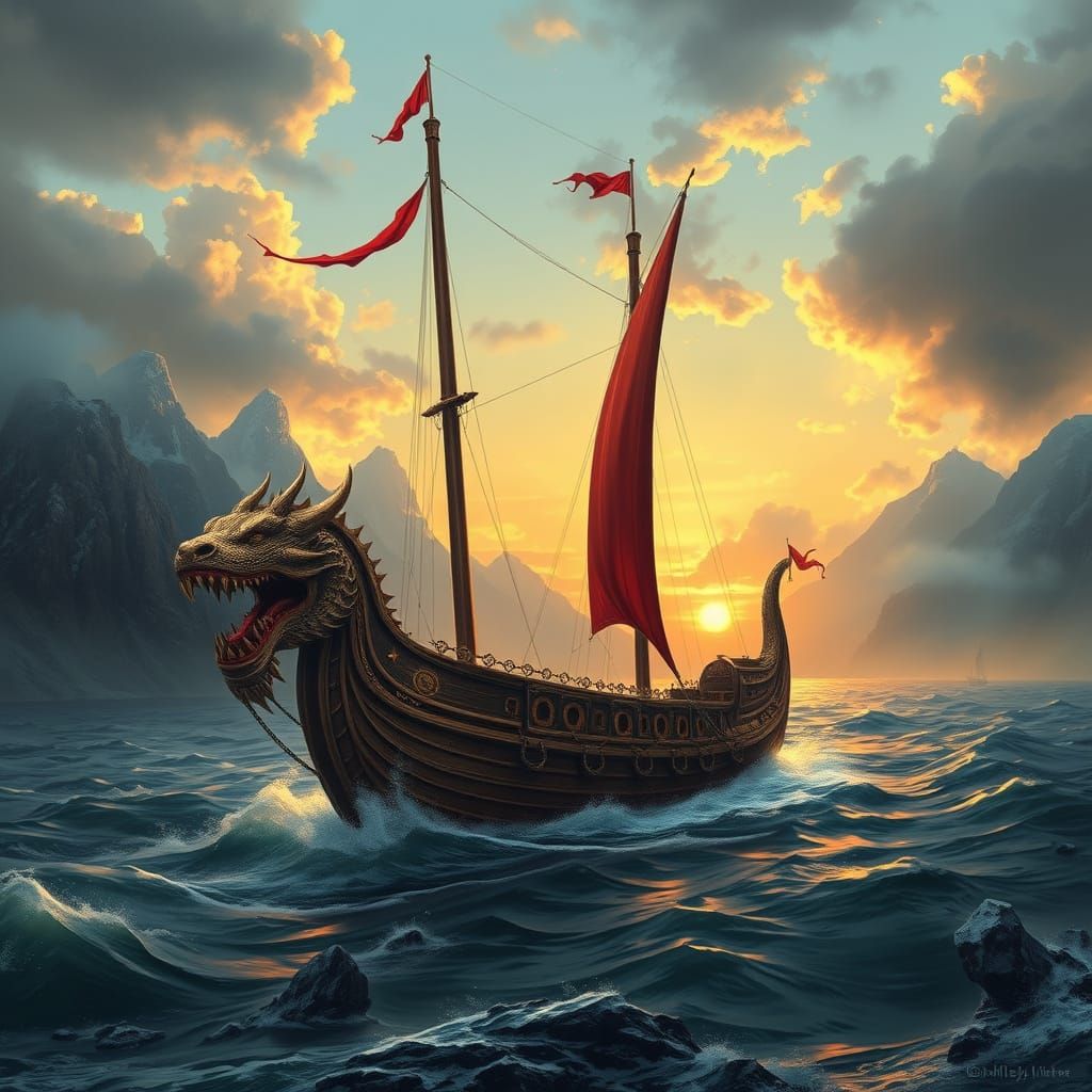 Viking Dragonship Sails Through Nordic Fjords in a Fantasy L...