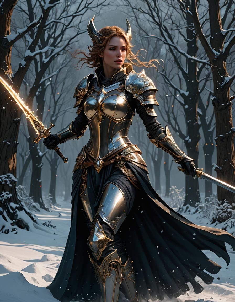 Fallen Female Knight in Whirling Snow