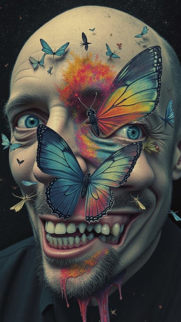 Fractured Man's Face with Butterfly Wings and Eyes