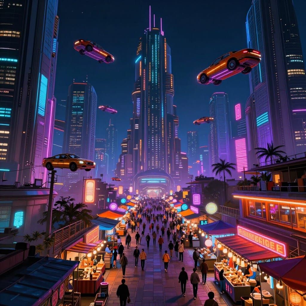 Futuristic Neon Market at Night with Flying Cars