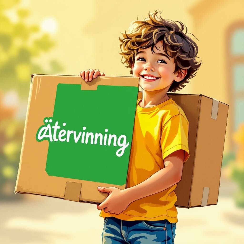Child with Recycling Box in Digital Painting Style