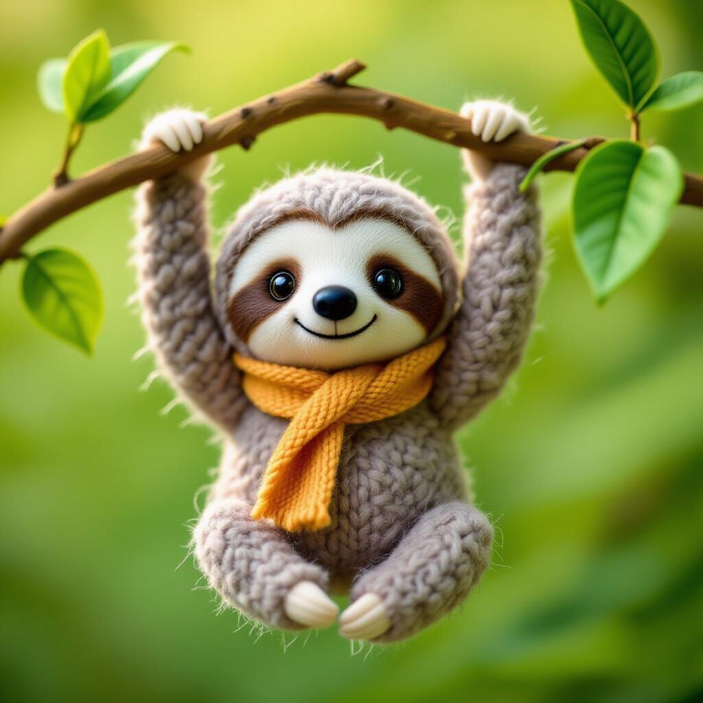 Felted Sloth Hanging from Branch in Stop-Motion Style