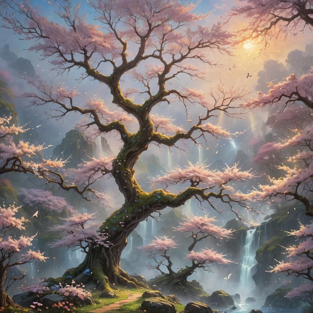 Enchanted Cherry Blossom Tree with Mythical Creatures