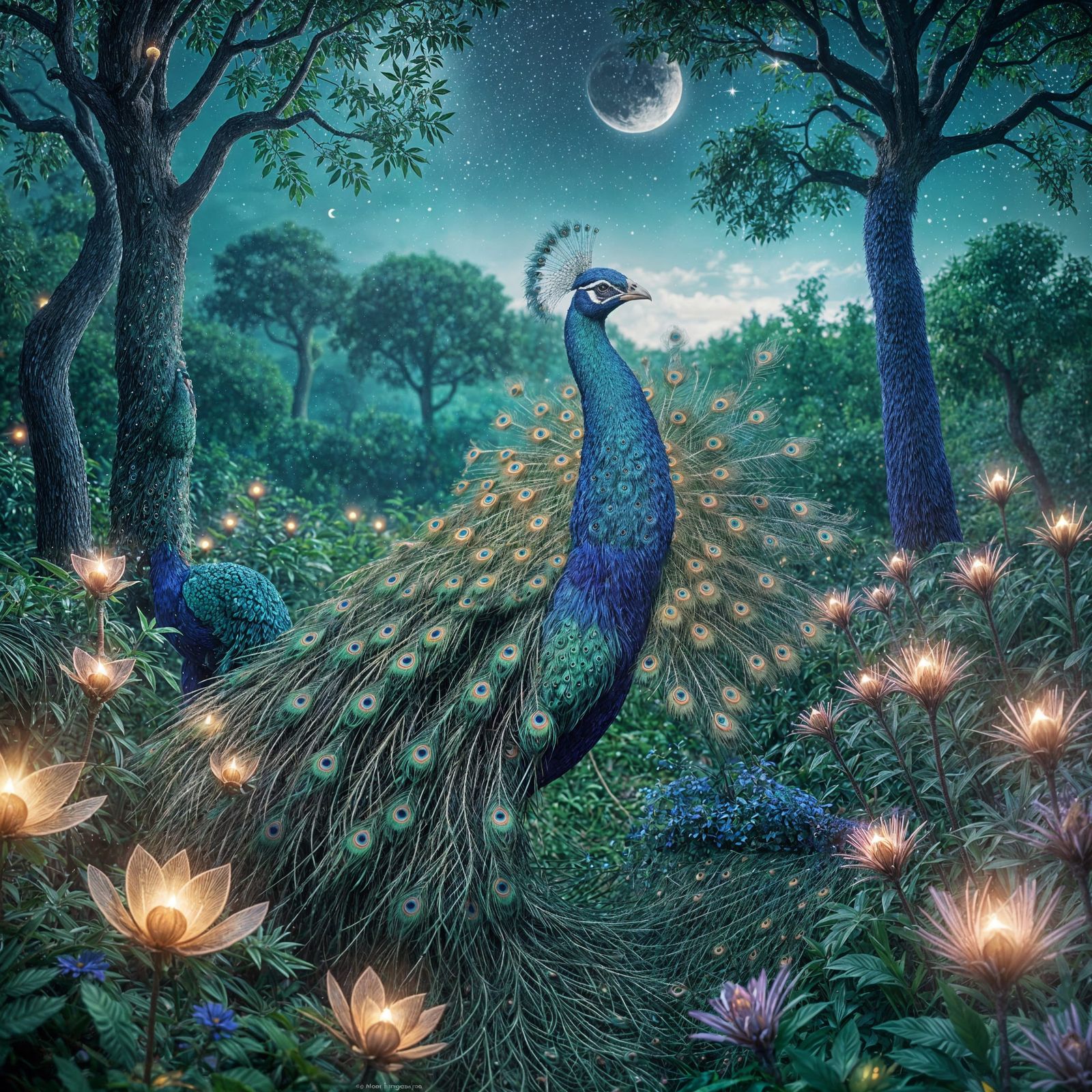 Majestic Celestial Peacock with Interstellar Plumes