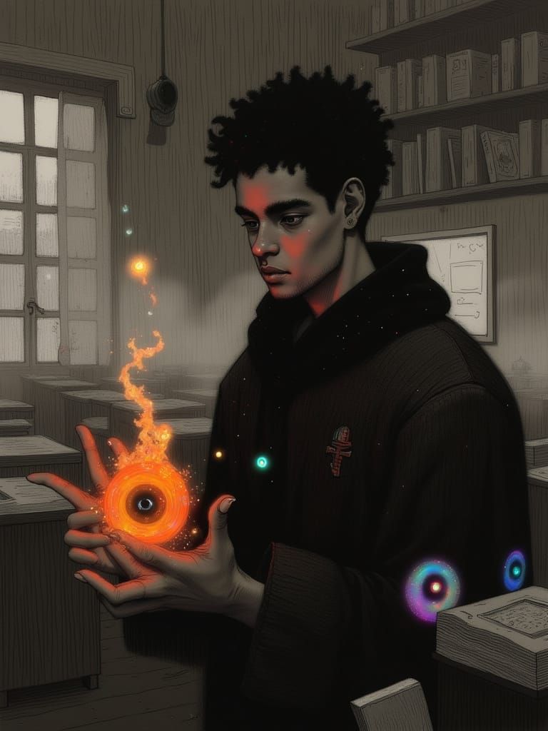 African American Elf Hovering in Mid-Air with Flames and Cap...