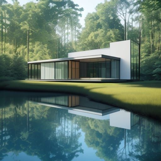 Minimalist Glass House in Forest: Modern Digital Art