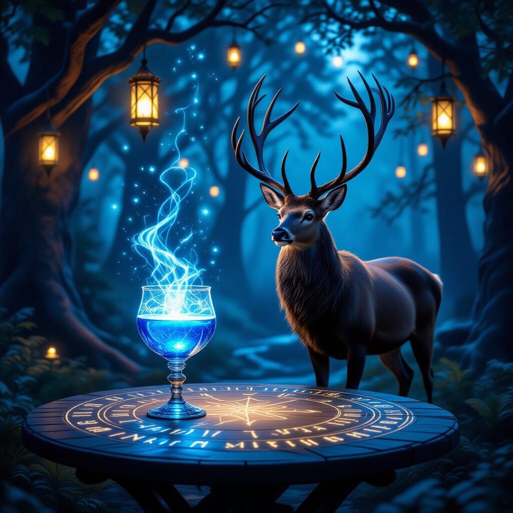 Mystical Forest Night Scene with Glowing Lanterns and Magica...