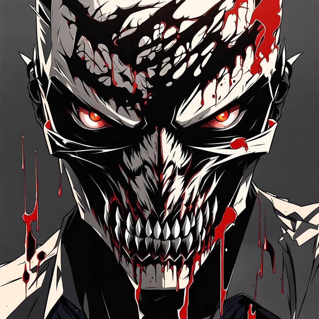 Horror mask anime character with black blood shooting out of his eyes