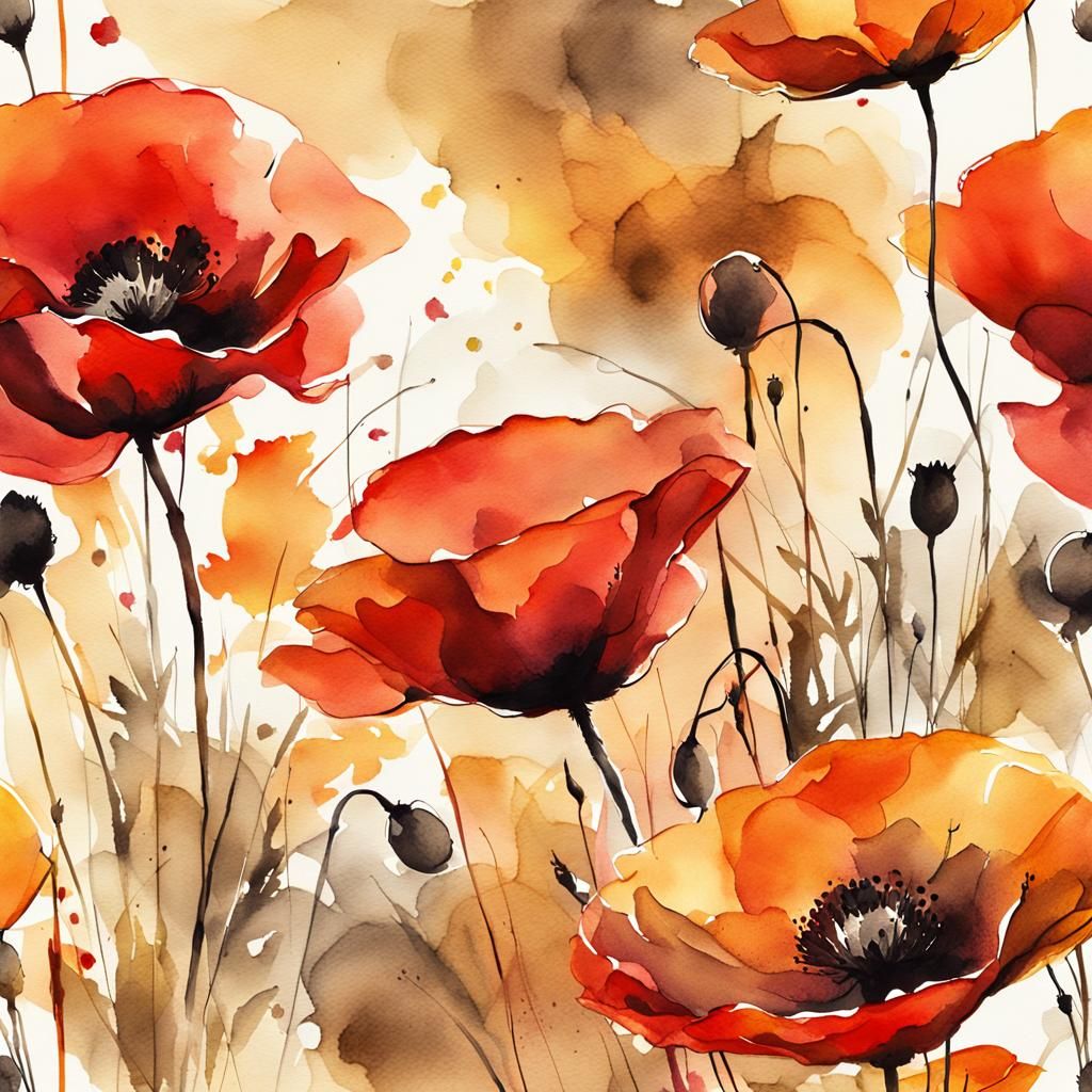 Autumn Poppies in Impressionist Ink and Wash
