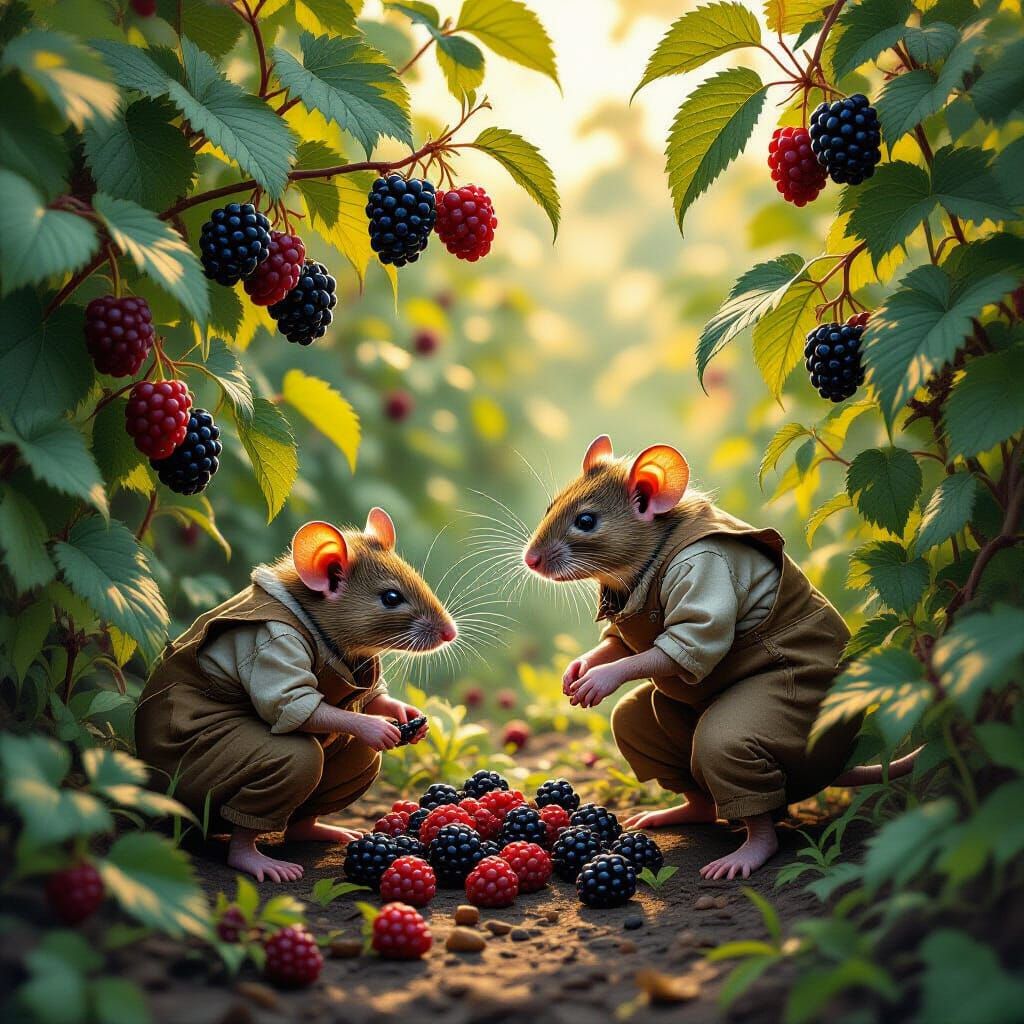 Rats Scavenging Among Blackberry Bushes, Whimsical Art