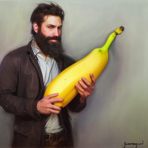 Bearded Man with Banana: Oil Painting