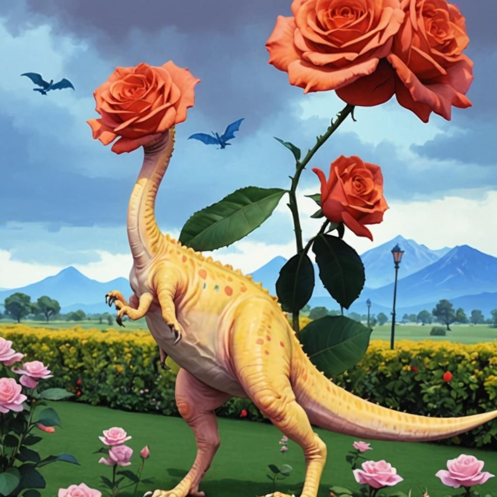 Prehistoric Beast Surrounded by Vibrant Blooms
