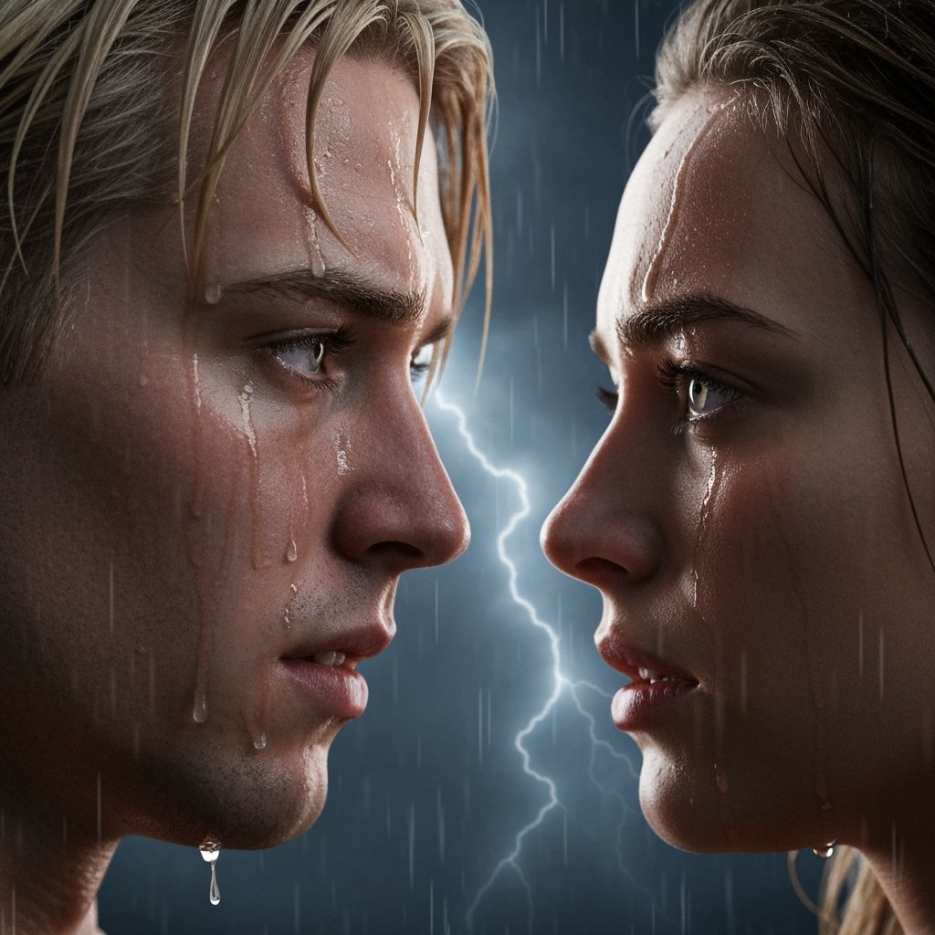 Emotional Couple in Stormy Rain, Photorealistic Style