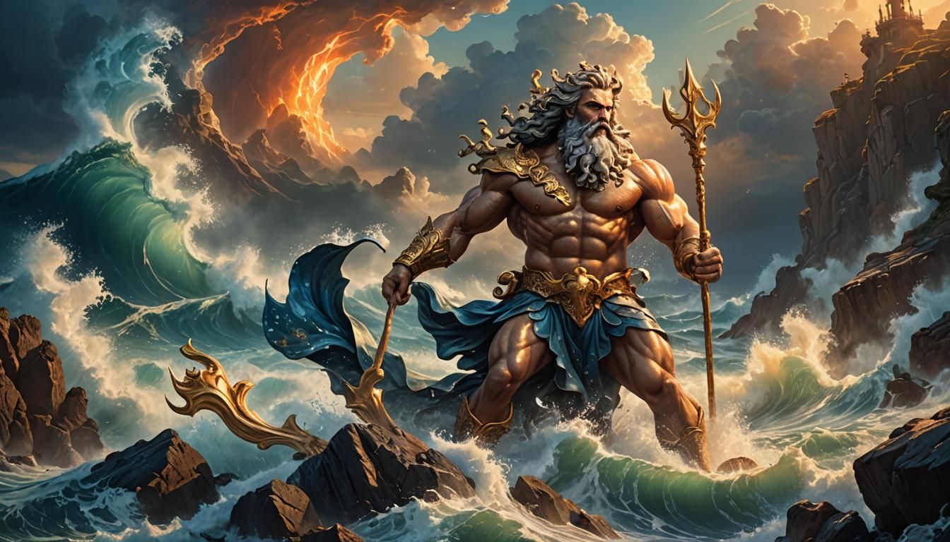 Poseidon on a Rocky Shore in Baroque Style