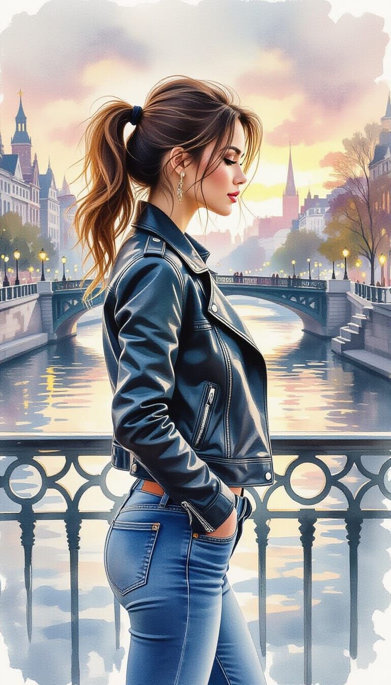 Woman on Bridge Watercolor Painting in Impressionist Style