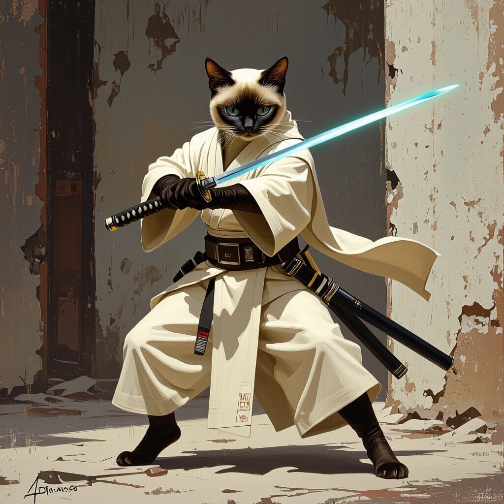 Siamese Cat Jedi Knight in Gritty Cyberpunk Environment