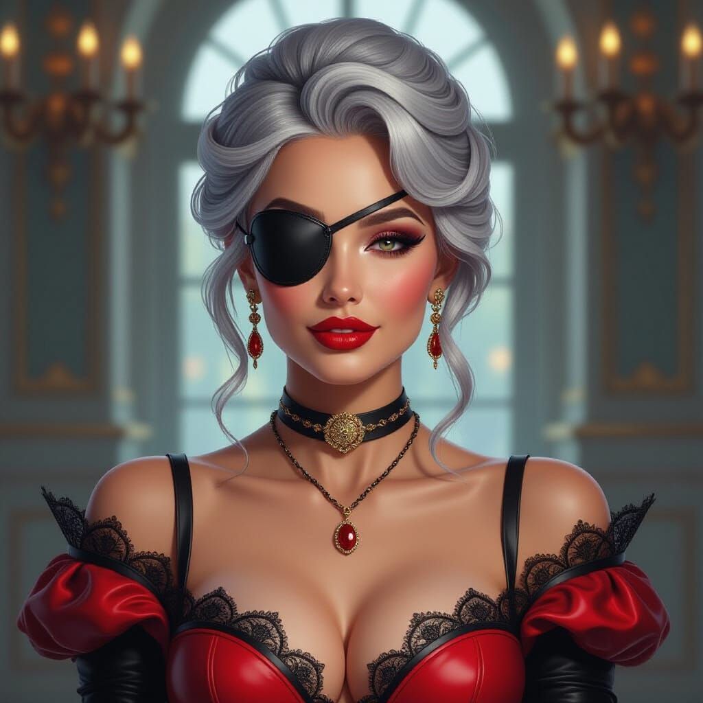 Elegant Woman in Italian Palace with Leather Eyepatch