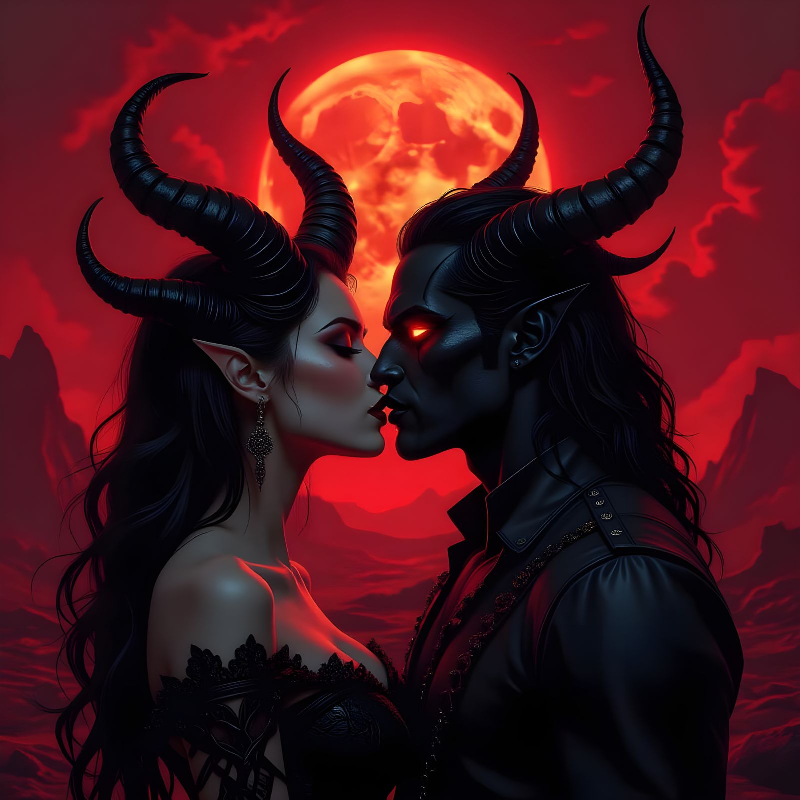 Passionate Demon Kiss in Volcanic Landscape