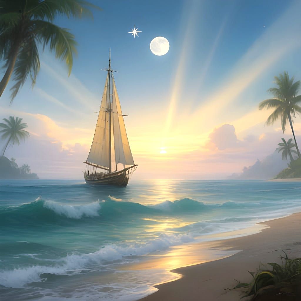 Tropical Ocean Daybreak with Sailboat, Fantasy Art