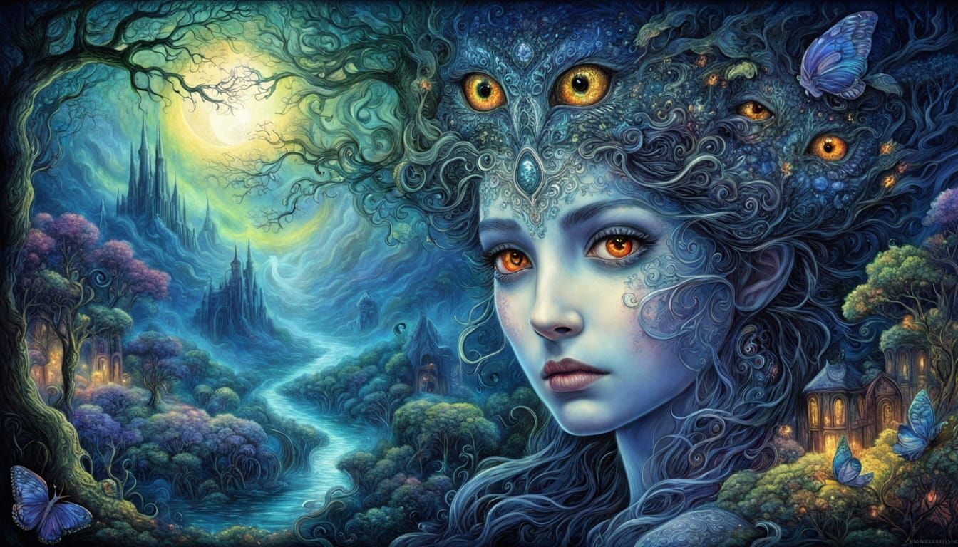 Surreal Garden with Glowing Eyes Under Aurora