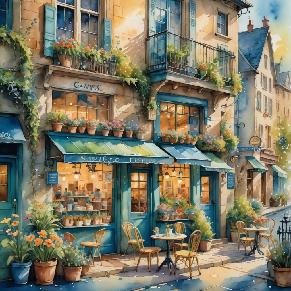 Charming Cafe in Watercolor Splash Art Style