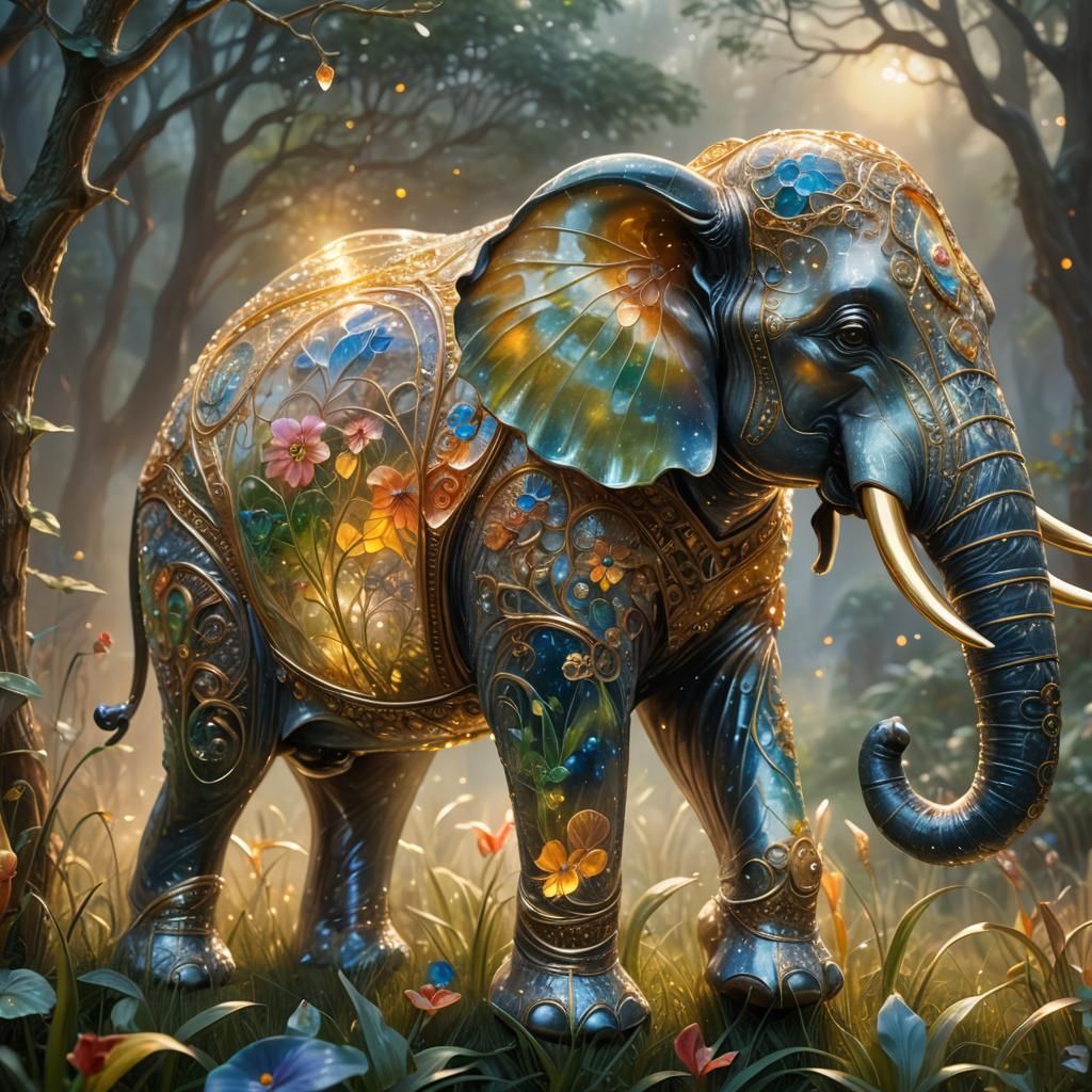 Enamelled Glass Elephant in Ethereal Fantasy Style