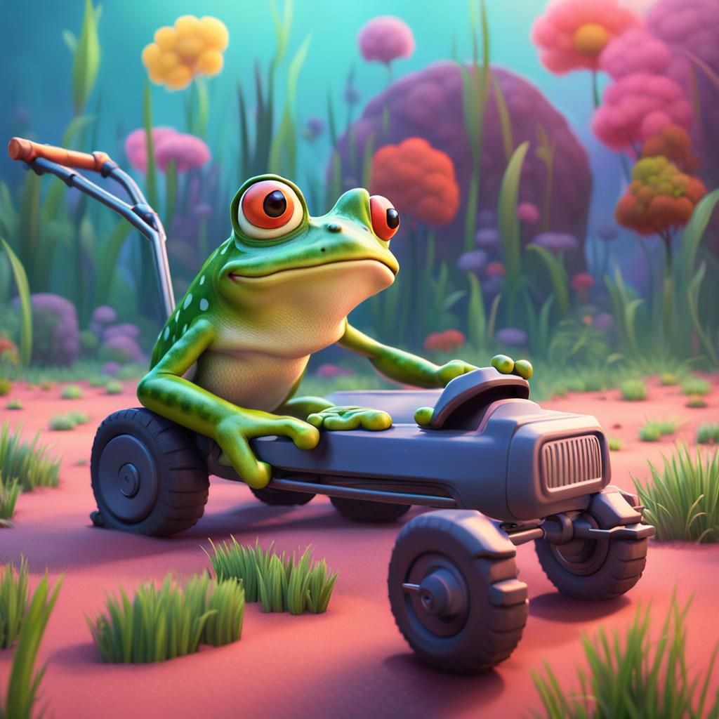 Frog Mowing Grass: Pixar-Style 3D Render