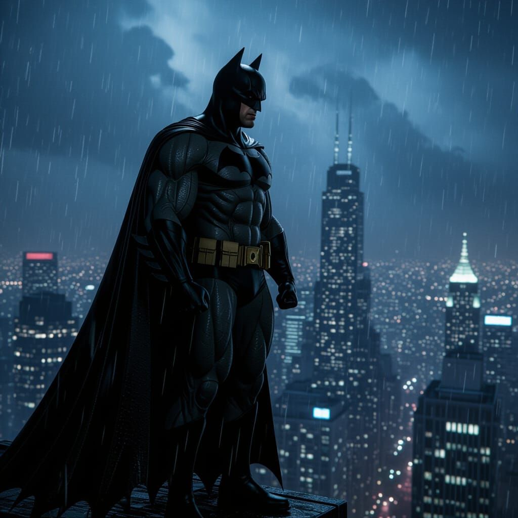 Muscular Batman Overlooks Rainy Metropolis in 3D Cinematic S...