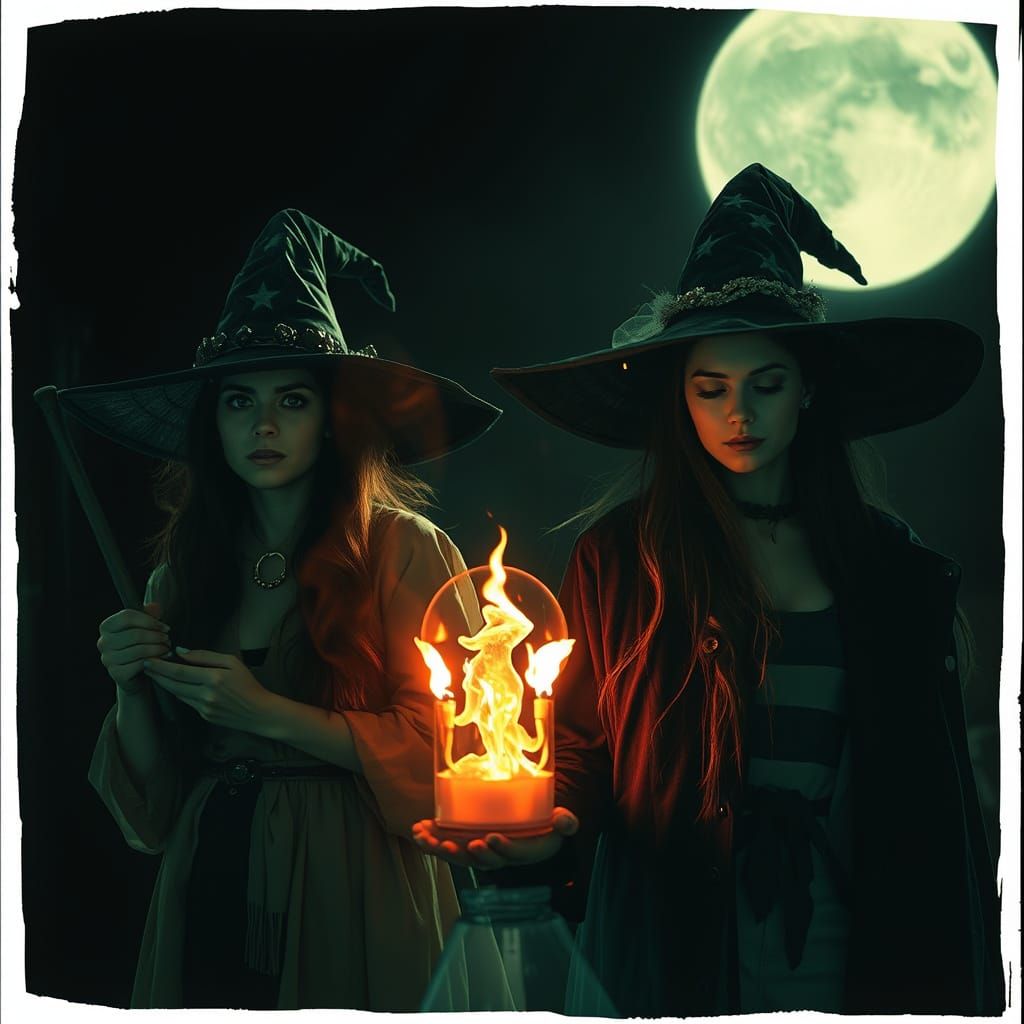 Double Exposure Witches in Mystical Forest